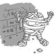 A round robot wrapped in bandages like an Egyptian mummy, lurching forward with its arms raised menacingly. Behind it is a stone wall marked with ancient Egyptian hieroglyphics that also include images of Teabot, Notokaybot, Unicornbot and Spiderbot.