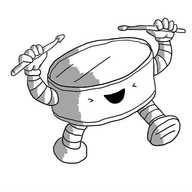 A robot in the form of a drum, with drumsticks in its hands, beating the top of its head which is the drum's skin. Its eyes are screwed shut and its mouth is open in a joyous yell.
