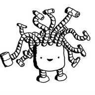 A squat, cylindrical robot with two short legs and multiple banded cords sprouting from its top, waving and curling in all directions. The cords are tipped by battery-shaped connectors of various sizes, attached perpendicularly. The robot seems very pleased with itself.