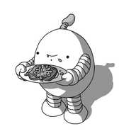 An ovoid robot with banded arms and legs holding a plate on which is a slice of toast covered with baked beans. Its antenna is also a bean. It's smiling happily, but there's juice dribbling from its mouth and it has a bean stuck to its face.
