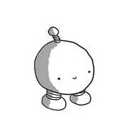 A spherical robot with a little smiley face, short stumpy legs and a little antenna on top.
