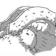 A stone humpback bridge spanning a river, with a large round robot peering out from beneath the near end, one hand gripping the bridge's underside, the other submerged in the water. It's grimacing and showing off pointed teeth and has two little horns, banded like its arms.