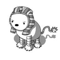 A robot in the form of an Egyptian sphinx. It has an ovoid body with four banded legs and feline paws, with a wavy, banded tail with a fluffy tip. It has a separate head in the normal robot style, wearing the nemes (the characteristic headdress of Egyptian pharaohs) with a little Snakebot model on the front. It is shouting angrily, presumably delivering a riddle.