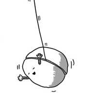 A robot in the form of a yo-yo with a face and two little arms on one half. It's throwing its hands up and making a delighted face as it drops downwards on its string.