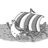 A robot in the form of a viking longship. Its head is on the curled-over figurehead, it has a large striped sail billowing outwards, shields hung along its gunwales and in place of long oars it has banded arms, paddling it through the sea. It looks furious as it kicks up ocean spray in its wake.