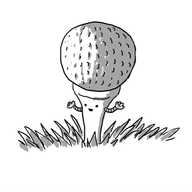 A robot in the form of a golf tee, with a golf ball balanced on top of it and two little arms.