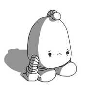 A round-topped robot with banded arms and very short banded legs. It has a drooping antenna on its top and its sad little face is near the bottom of its body. Its arms are dragging on the ground.