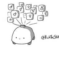 A dome-shaped robot with four wheels and a little projecter aperture on its top, from which is being projected a series of floating tiles showing various gender symbols.