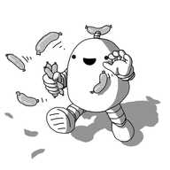 A round-topped robot with banded arms and legs and a little sausage on its antenna. It's jumping forward, holding some sausages in one hand as it flings more sausages forward with the other, a wide smile on its face.