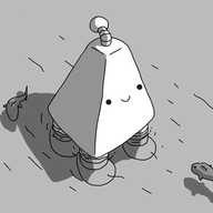 A robot shaped like a slender pyramid with a squared-off top, with four banded legs and an antenna, standing in water that comes about halfway up its legs. Two fish are swimming around it and the robot is smiling happily.