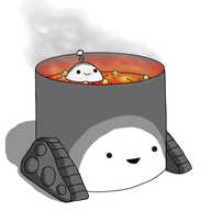 A version of yesterday's Engagementbot picture, but now panned down to show that the vat full of glowing orange fluid was actually the top of a second cylindrical robot on a pair of caterpillar tracks, with a smiling face on the front. Engagementbot itself is no longer suspended in the air, but is now happily floating in the vat.