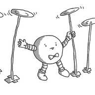 A spherical robot wearing a little bowtie in the act of spinning a set of four plates on tall sticks. It's tongue is sticking out in concentration and it looks faintly worried.
