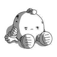 A spherical robot with banded arms and legs, sitting on the ground. Its antenna is drooping forward and it has some scuff marks on its casing. It's staring straight ahead blankly, its eyes widened with bags underneath.