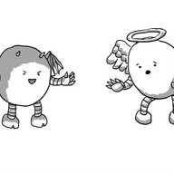 Two round robots, one in the form of a devil with horns, a pitchfork, cloven hooves and bat-like wings and the other resembling an angel with a harp, a halo and feathered wings. The devil robot is grinning maniacally and holding out a hand as if to grasp something, while the angel robot looks worried and is holding out a hand as if in warning.