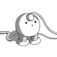 A spherical robot with banded legs. It has a wire emerging from its back that trails off along the ground and a plug shoved into its forehead with a second wire leading off in the opposite direction. Its facial expression is one of mile surprise.
