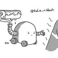 A dome-shaped robot with four wheels on its base beckoning a badly-sunburned person towards it with a concerned expression on its face. One of its hands is a large paint roller that is slathered in aftersun cream.