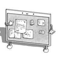 A robot cork-board, with banded arms and legs. Its face is on the top horizontal beam of the frame and it has various documents pinned to its front surface, one of which its pointing towards and smiling.