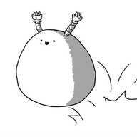 A robot shaped like a space hopper, with a big, spherpid body and two little arms sticking out of the top where its handles should be. It's in mid-bounce and looks extremely happy.