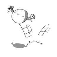 A spherical robot with two banded arms, bouncing up from the floor and looking very happy about it.