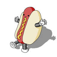 A robot in the form of a traditional hot dog. It's in colour, with a reddish sausage which has the robots face on it and banded legs at the bottom, and a pale bun with banded arms sticking out. It has a zigzag of mustard up the middle of the sausage and its tongue is sticking out, tasting it.
