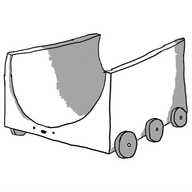 A robot half-pipe with three pairs of wheels along its long edges. Its face is on the front, below the lowest point of the skating surface.