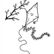 a robot shaped like a classic child's kite but with a face in the middle and little jointed arms protruding from its lateral corners, one of which is fending off a tree branch. it has a very determined expression on its face, with its little tongue sticking out.