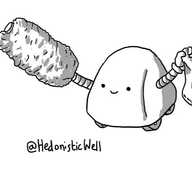 A smiling robot shaped like a squat, rounded pyramid with four wheels on its base and two arms, one of which is holding a dust cloth while the other has an enormous feather duster in place of a hand.