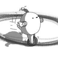 A round robot balanced on a single wheel connected to its body by a set of trapezoid brackets. It has banded arms and a coiled antenna and is happily going round and round in a circle, as evinced by the series of circular skid marks it's left on the ground.
