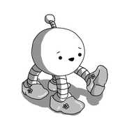 A spherical robot with four banded legs and an antenna on its top. It's wearing heavy, painted wooden clogs on each of its feet, decorated with little pictures of flowers. It's looking down at its feet, smiling and appearing faintly surprised.