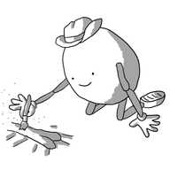 An ovoid robot with jointed arms and legs and a little stetson hat, kneeling over a fossilised bone, dusting it down with a little brush.