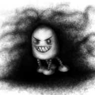 An 'art style' picture depicting a round-topped robot with four banded legs, all a little askew. It has a terrifying face, with black, empty eyes beneath severe eyebrows, recessed into its casing, and a wide, manic grin filled with long, sharp teeth. Around and beneath the robot - and in places overlapping with it in the foreground - is an amorphous black shadow that reaches out with long, writhing tendrils, gradually fading into its surroundings.