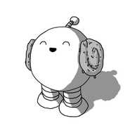 A spherical robot with banded legs and a little antenna. It has two spiral Danish pastries attached to either side of it, like elaborately coiled buns of hair. It's smiling happily with its eyes closed.