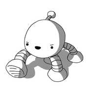 A spherical robot with an antenna and four banded legs. It's stomping along, front leg raised, smiling malevolently.
