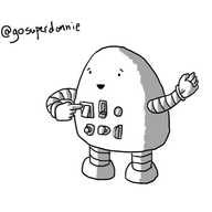 A rounded, roughly pyramidal robot with an array of six buttons, dials, sliders, etc. on its front. It's pressing one of its switches as it smiles and waves.