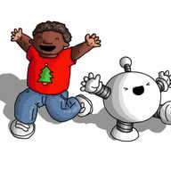 A spherical robot with banded arms and legs and an antenna and a child wearing a shirt with a Christmas tree on it. Both robot and child are running around with their arms in the air, eyes closed and yelling with excitement.