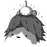 A happy, ovoid robot with six clawed, jointed limbs arrayed along its sides like an insect's, dropping down suspended on a banded flex while holding a shaggy wig. A larger robot is cheerfully receiving the wig atop its head.