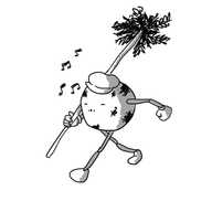 A spherical robot with jointed arms and legs, carrying a long chimney brush over one shoulder as it walks along, whistling cheerily. It's wearing a shapeless peaked cap and is covered in smears of soot.