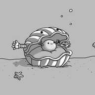 An underwater scene depicting a robot in the form of a large, ribbed cartoon clam, with a distinct, undulating lip around the outer edges of each of its two halves. The Clambot has two little banded arms on either side of its top half, and two eyes in the middle. Inside the Clambot is a rounded, cushioned surface, on which sits a shiny, spherical robot with banded arms, smiling happily. A starfish is sleeping peacefully on the seabed, and a curious fish has also come over to investigate Clambot and Pearlbot. Several bubbles ascend from Clambot towards the water's surface.