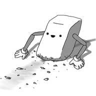 A robot in the form of a cuboid pencil eraser with an angled upper surface. The robot has two jointed arms that it's using to run its bottom surface across a line marked in pencil, with the area in front of it that it's already passed over now smudged out. The bottom of the robot is worn and ragged, and there are fragments and slivers of it scattered around its route. The robot is looking down at its work, smiling happily.