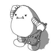 A robot shaped like a sort of rounded pyramid with banded arms and legs. It's carrying a big spiked, wooden club and has a pronounced underbite with protruding tusks. On its head are a few scraggly hairs and it's frowning grumpily and scratching at them.