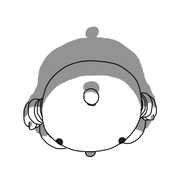 A round robot with banded arms and legs and an antenna. It's sticking out its tongue. Also, the viewpoint of the drawing is directly above the robot.