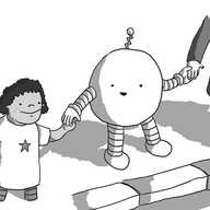 A round robot with banded arms and legs and a zig-zag shaped antenna. It's standing by a kerb, holding hands with a child in a dress and an adult, smiling at the child as if to tell them it's safe to cross the road.