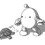 A rounded robot with banded arms and legs and an antenna. It's creeping along with its arms slightly extended and a blank expression on its face. Meanwhile, a tortoise is zooming right by it on the ground.