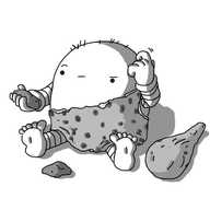 A rounded robot with banded arms and legs, sitting on the ground. It has articulated feet that resemble a human's and is holding a rock, looking at it with a puzzled expression on its face. It has a few tufts of hair on its top and is wearing a ragged, leopard skin garment. A club is lying next to it and there is a second rock on the ground between its feet.