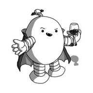 An ovoid robot with banded arms and legs and an antenna. It's wearing a dark, high-collared cape with a scalloped hem, and its antenna has little bat wings on it. It's holding a Winebot filled with dark red liquid, which is grinning evilly. Vonbot itself is extending one arm towards the frame, has a raised eyebrow and a crooked smile that reveals two small fangs. Vonbot isn't casting a shadow, but the Winebot is.