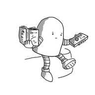 A round-topped robot with a serious face sitting on the edge of a sofa, a book in one hand and a TV remote in the other.