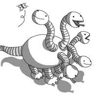 A robot in the form of a mythological hydra. It has an ovoid body with a banded tail and legs that have clawed feet. Five heads emerge from its body, mounted on sinuous, banded necks. The heads are ovoid too, with large mouths that contain sharp teeth. One head is distracted, looking at a butterfly, one is frowning at the ground, one is smiling, one has its mouth open and another is angry about something.