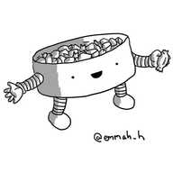 A robot in the form of a squat, cylindrical tub of wrapped chocolates with banded arms and legs and its face on one side, cheerfully offering one.