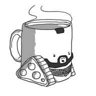 Teabot - a robot mug of tea with caterpillar tracks on either side - but with the addition of a beard, a little wedge of mohawk on the rim and gold chains around its lower section. Unlike normal Teabot, this version looks quite angry.