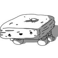 A (formerly) cuboid robot that's now been crushed down into a crumpled, flattened shape. Its antenna is squashed into its top, and its banded limbs are positioned on its underside, with its hands dangling close to the floor. However, it's smiling quite happily, despite its wonkily positioned eyes.